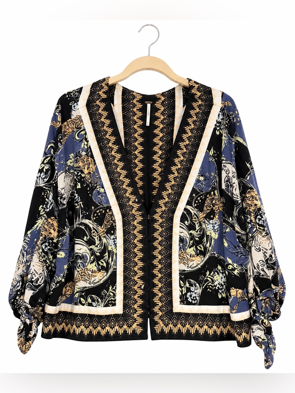 Free People Animal Paisley Print Kimono Top Tie Sleeve Boho Blouse M